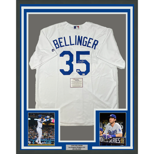 Framed Autographed/Signed Cody Bellinger 35x39 Los Angeles LA Dodgers White Authentic Baseball Jersey Fanatics COA