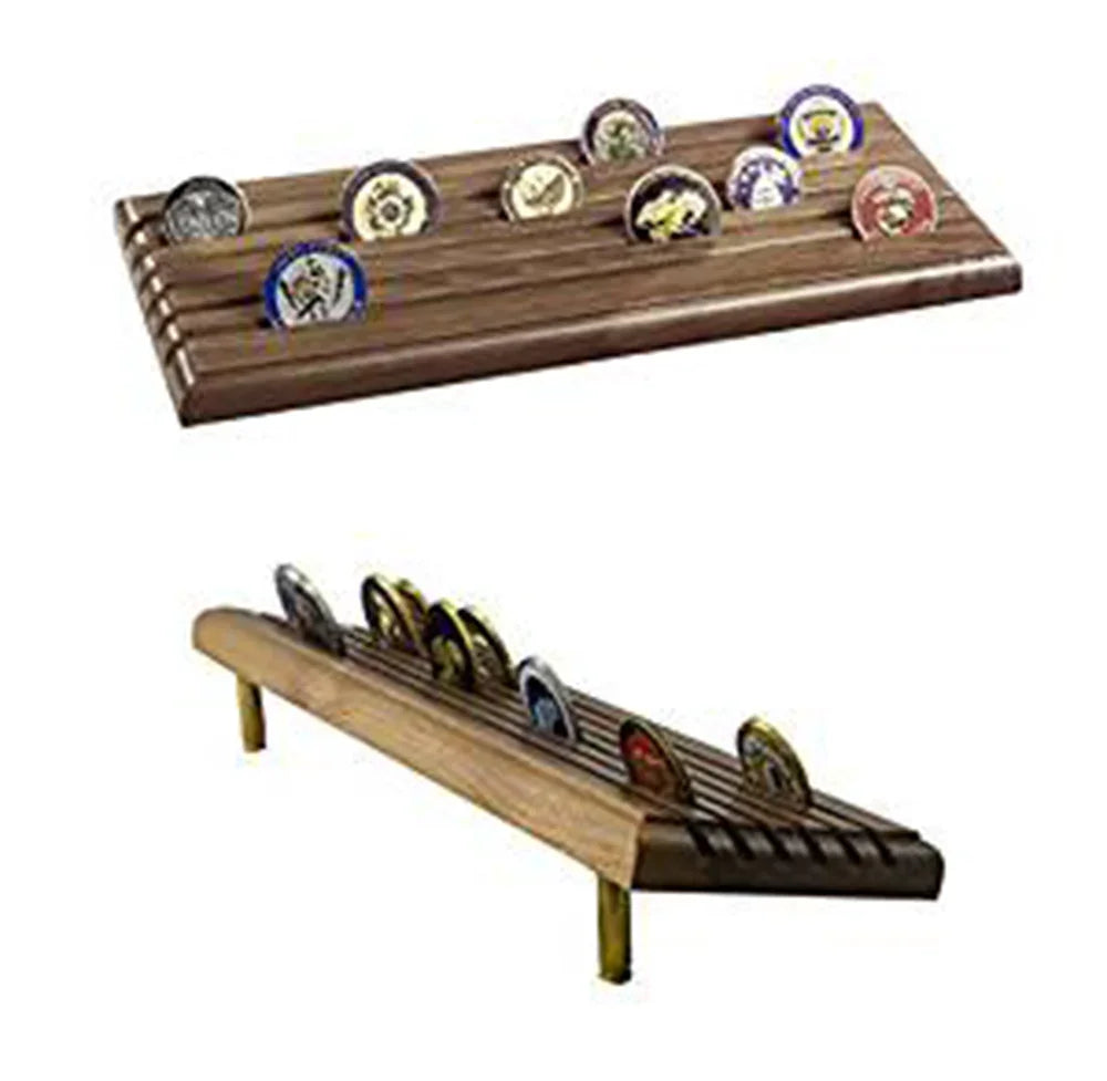 Coin Display Rack Made In USA Military 6 Row Tiered with Gun Shells, Holds up to 36 Coins - walnut
