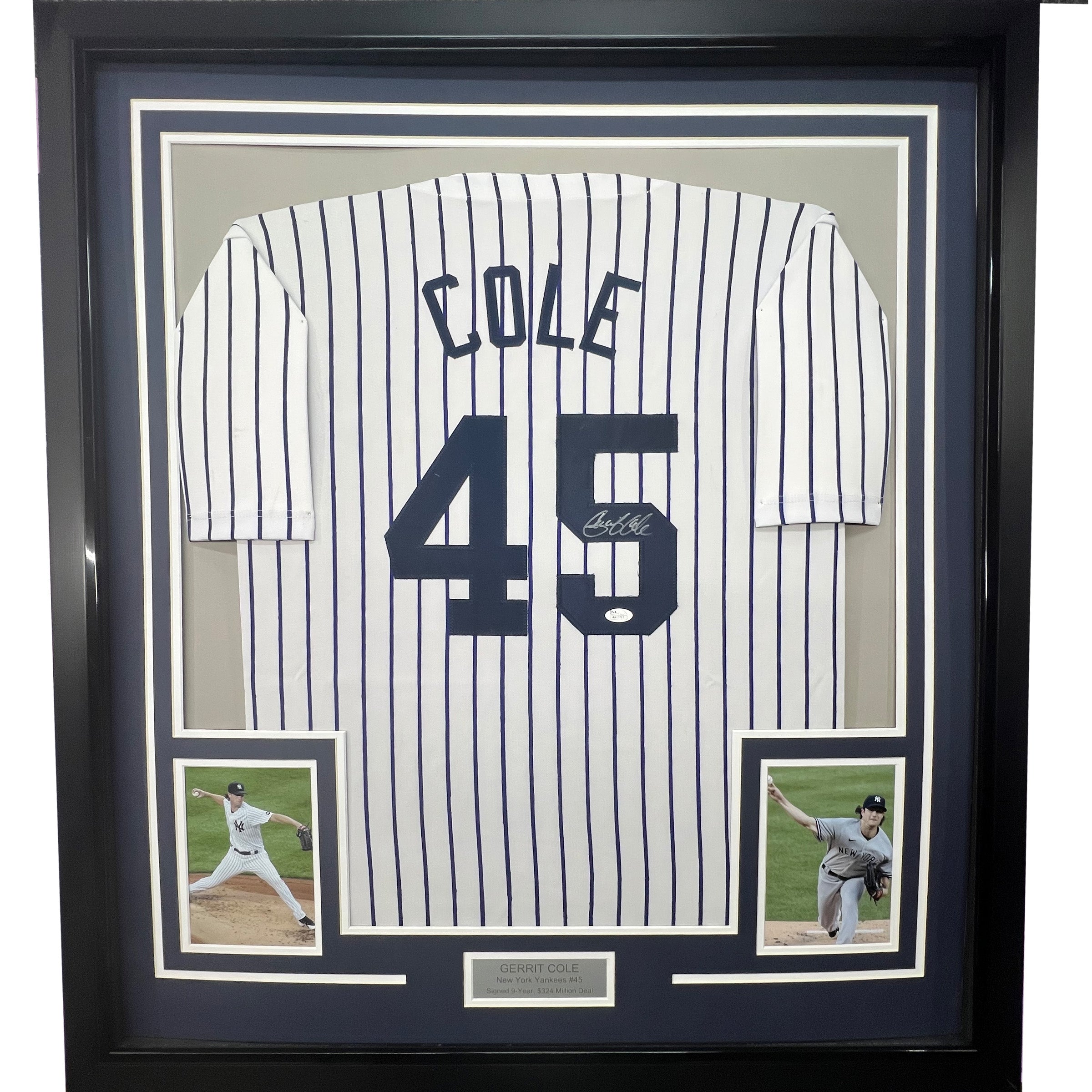 Framed Autographed/Signed Gerrit Cole 35x39 New York Pinstripe Baseball Jersey JSA COA