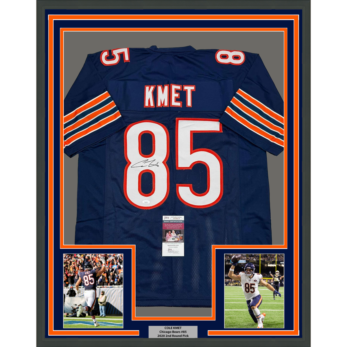 Framed Autographed/Signed Cole Kmet 35x39 Chicago Blue Football Jersey JSA COA