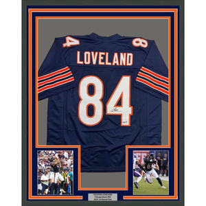 Framed Autographed/Signed Colston Loveland 35x39 Chicago Blue Football Jersey Beckett BAS COA