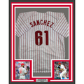Framed Autographed/Signed Cristopher Sanchez 35x39 Philadelphia Pinstripe Baseball Jersey Beckett BAS COA