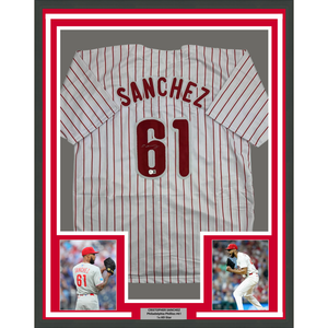 Framed Autographed/Signed Cristopher Sanchez 35x39 Philadelphia Pinstripe Baseball Jersey Beckett BAS COA