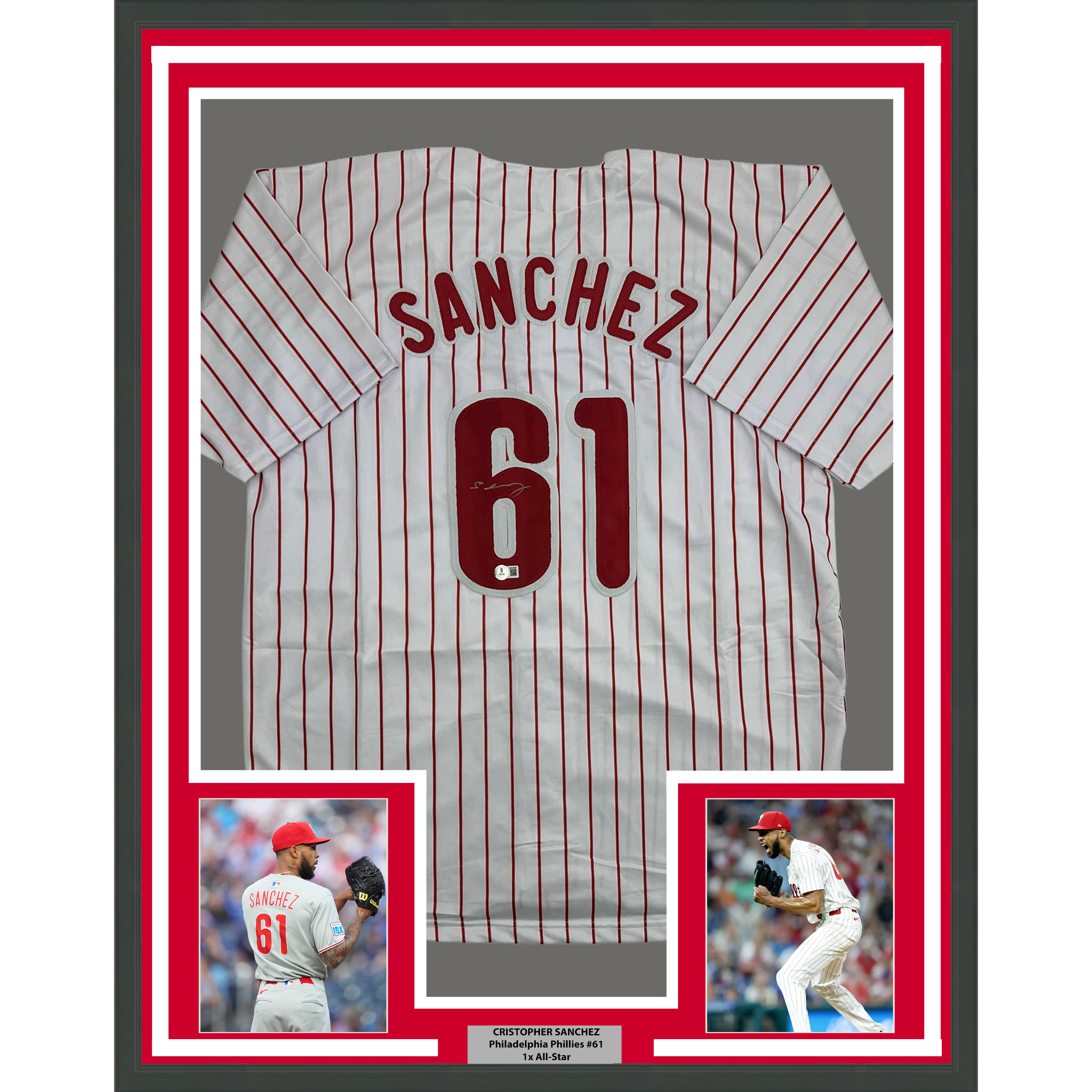 Framed Autographed/Signed Cristopher Sanchez 35x39 Philadelphia Pinstripe Baseball Jersey Beckett BAS COA