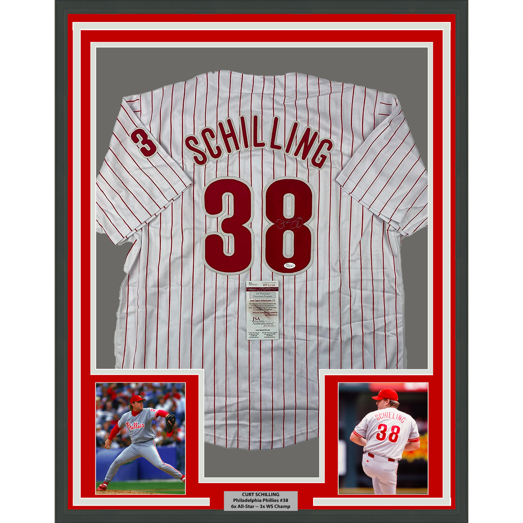 Framed Autographed/Signed Curt Schilling 35x39 Philadelphia Pinstripe Baseball Jersey JSA COA
