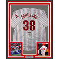 Framed Autographed/Signed Curt Schilling 35x39 Philadelphia Pinstripe Baseball Jersey JSA COA