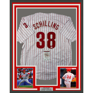 Framed Autographed/Signed Curt Schilling 35x39 Philadelphia Pinstripe Baseball Jersey JSA COA
