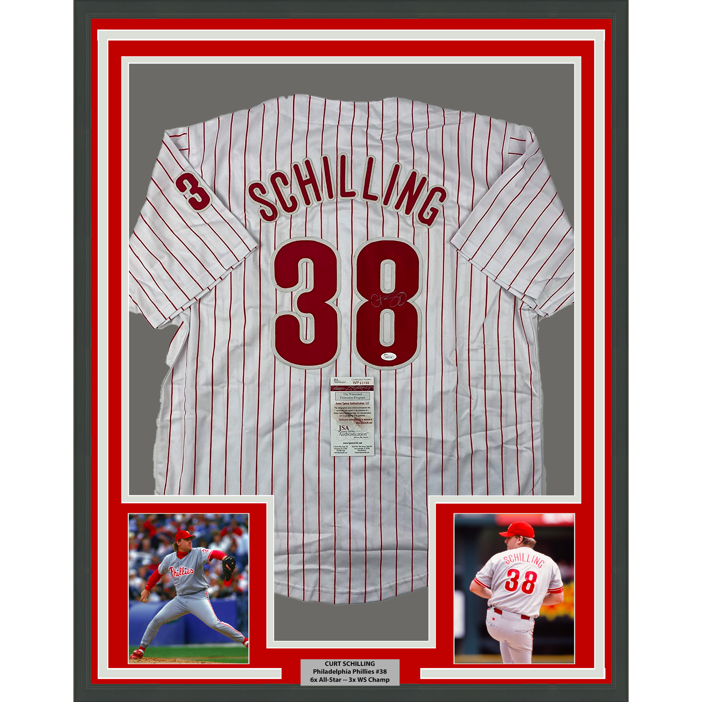 Framed Autographed/Signed Curt Schilling 35x39 Philadelphia Pinstripe Baseball Jersey JSA COA