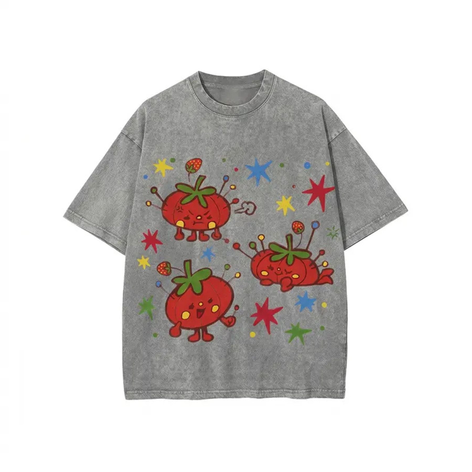 Cute Tomato Party Print T-Shirt – Retro Garden Vegetable Graphic Tee, Lightweight Vintage Washed Cotton Summer Top