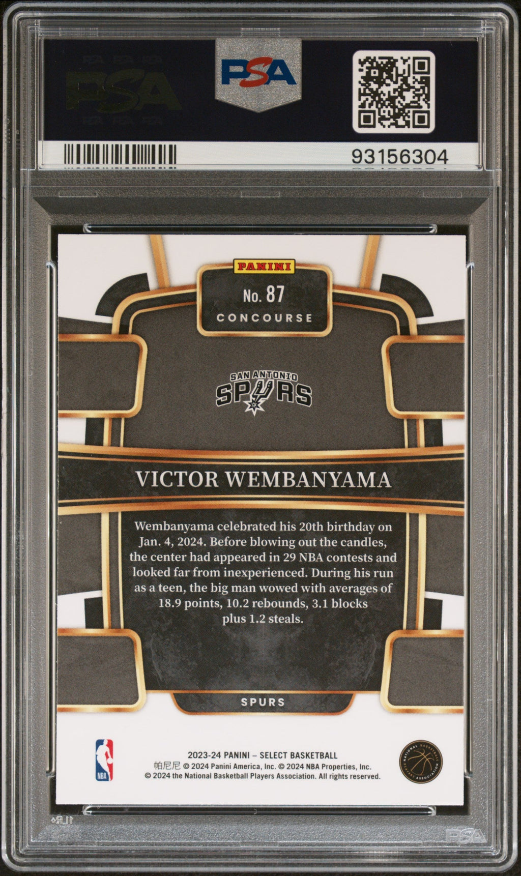 Graded 2023 Panini Select Victor Wembanyama #87 Rookie RC Basketball Card PSA 10 Gem Mint