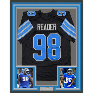 Framed Autographed/Signed D.J. DJ Reader 35x39 Detroit Black Football Jersey Beckett BAS COA