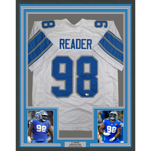 Framed Autographed/Signed D.J. DJ Reader 35x39 Detroit White Football Jersey Beckett BAS COA