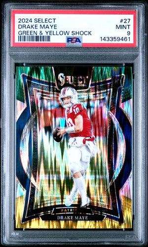 Graded 2024 Panini Select Drake Maye #27 Green & Yellow Shock Rookie RC Football Card PSA 9 Mint