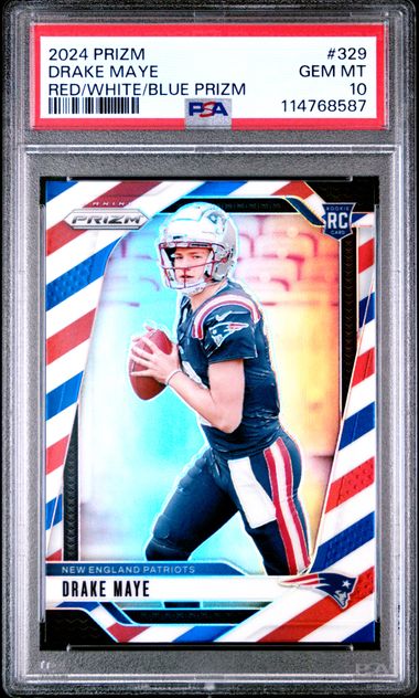Graded 2024 Panini Prizm Drake Maye #329 Red White Blue Prizm Rookie RC Football Card PSA 10 Gem Mint