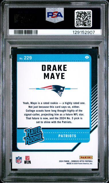 Graded 2024 Panini Donruss Optic Drake Maye #229 Rookie RC Football Card PSA 9 Mint