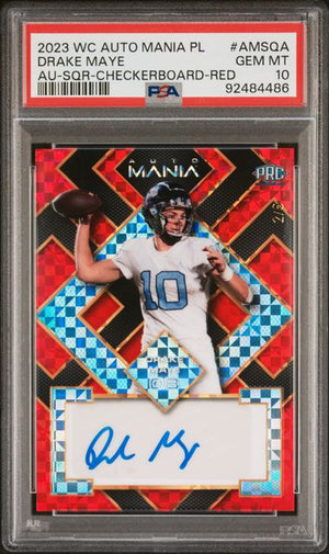 Graded 2023 WC Auto Mania Red Checkerboard Drake Maye #AMSQA /6 Auto Rookie RC Football Card PSA 10 Gem Mint