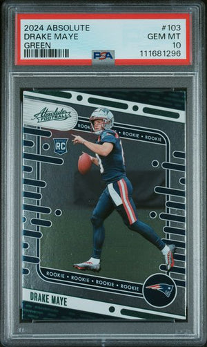 Graded 2024 Panini Absolute Drake Maye #103 Green Foil Rookie RC Football Card PSA 10 Gem Mint