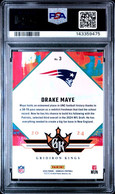 Graded 2024 Panini Donruss Drake Maye #3 Rookie Gridiron Kings Rookie RC Football Card PSA 9 Mint