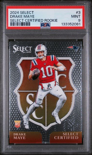 Graded 2024 Select Select Certified Rookie Drake Maye #3 Rookie RC Football Card PSA 9 Mint