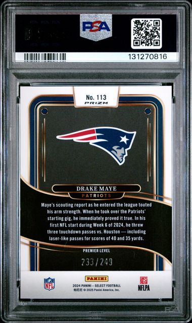 Graded 2024 Panini Select Drake Maye #113 /249 Tri Color Prizm Rookie RC Football Card PSA 10 Gem Mint
