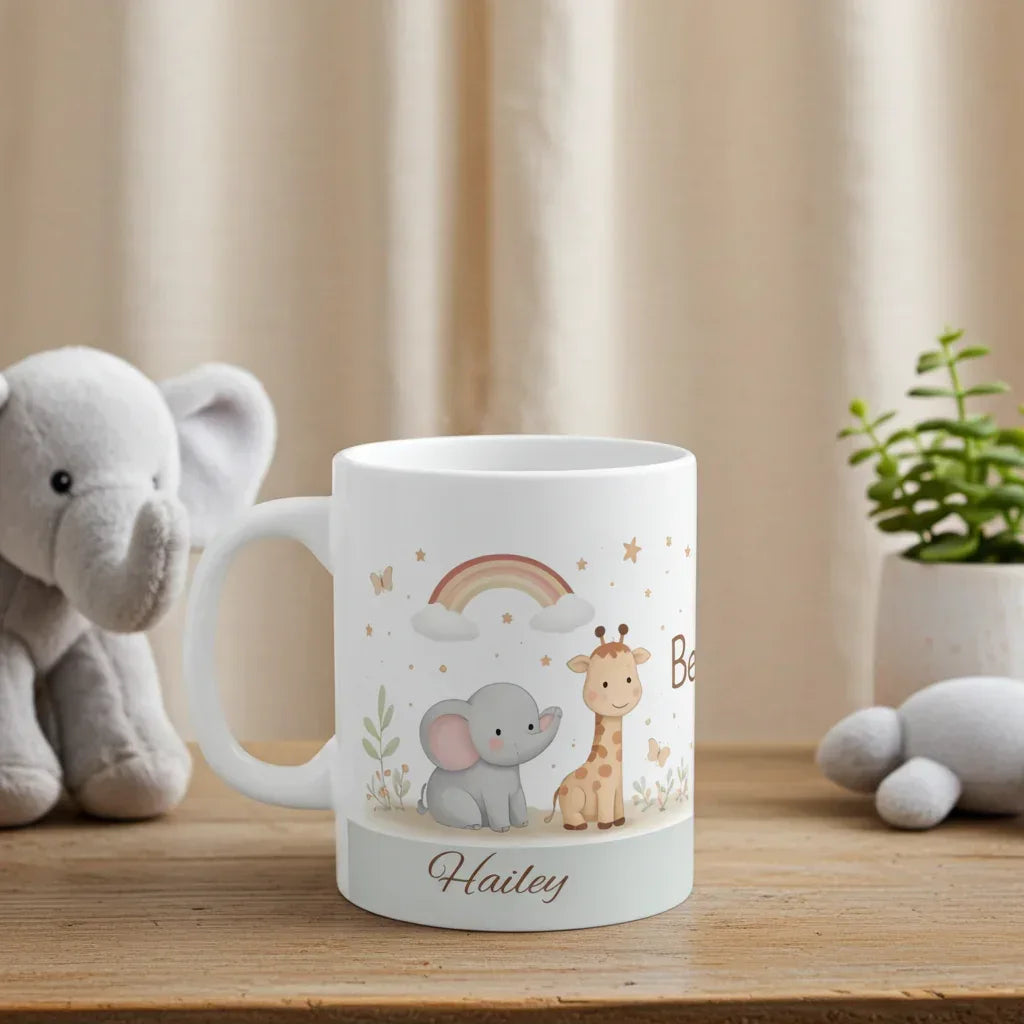 Be Happy Safari Mug — Personalized Cute Giraffe & Elephant Baby Shower Gift
