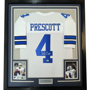 Framed Autographed/Signed Dak Prescott 35x39 Dallas White Football Jersey Beckett BAS COA