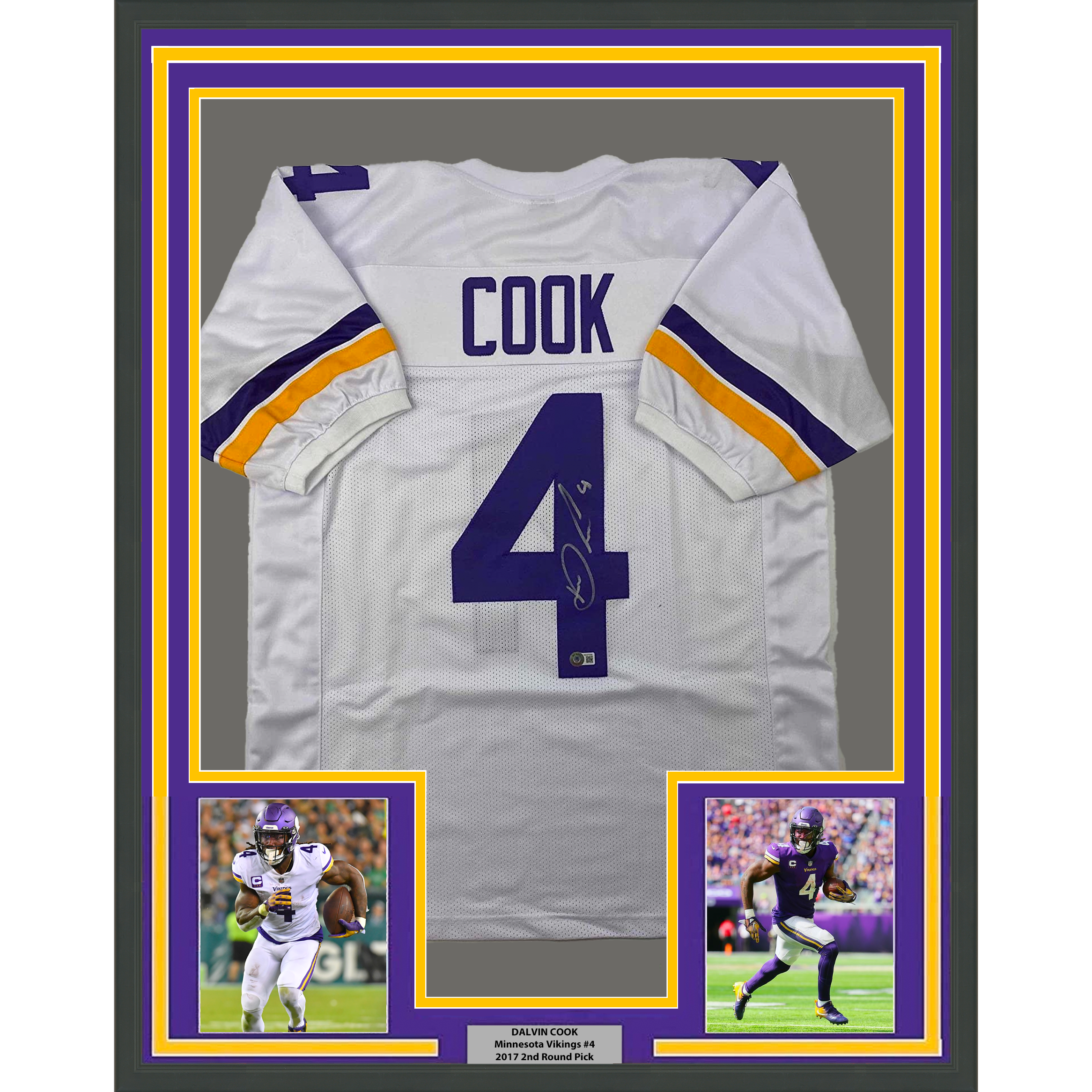 Framed Autographed/Signed Dalvin Cook #4 35x39 Minnesota White Football Jersey Beckett BAS COA