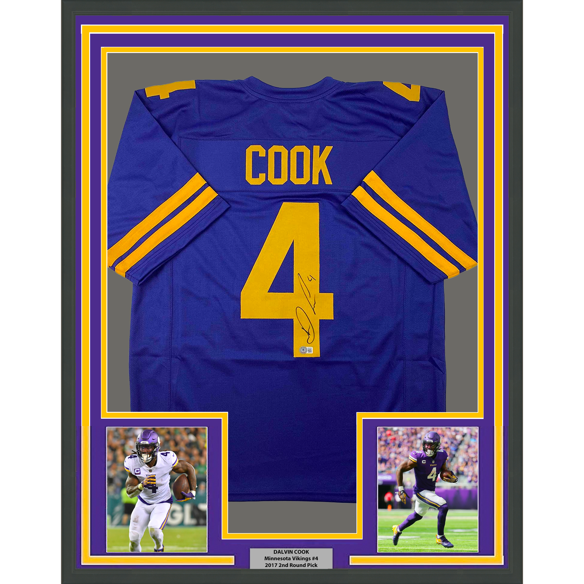 Framed Autographed/Signed Dalvin Cook #4 35x39 Minnesota Color Rush Purple Football Jersey Beckett BAS COA