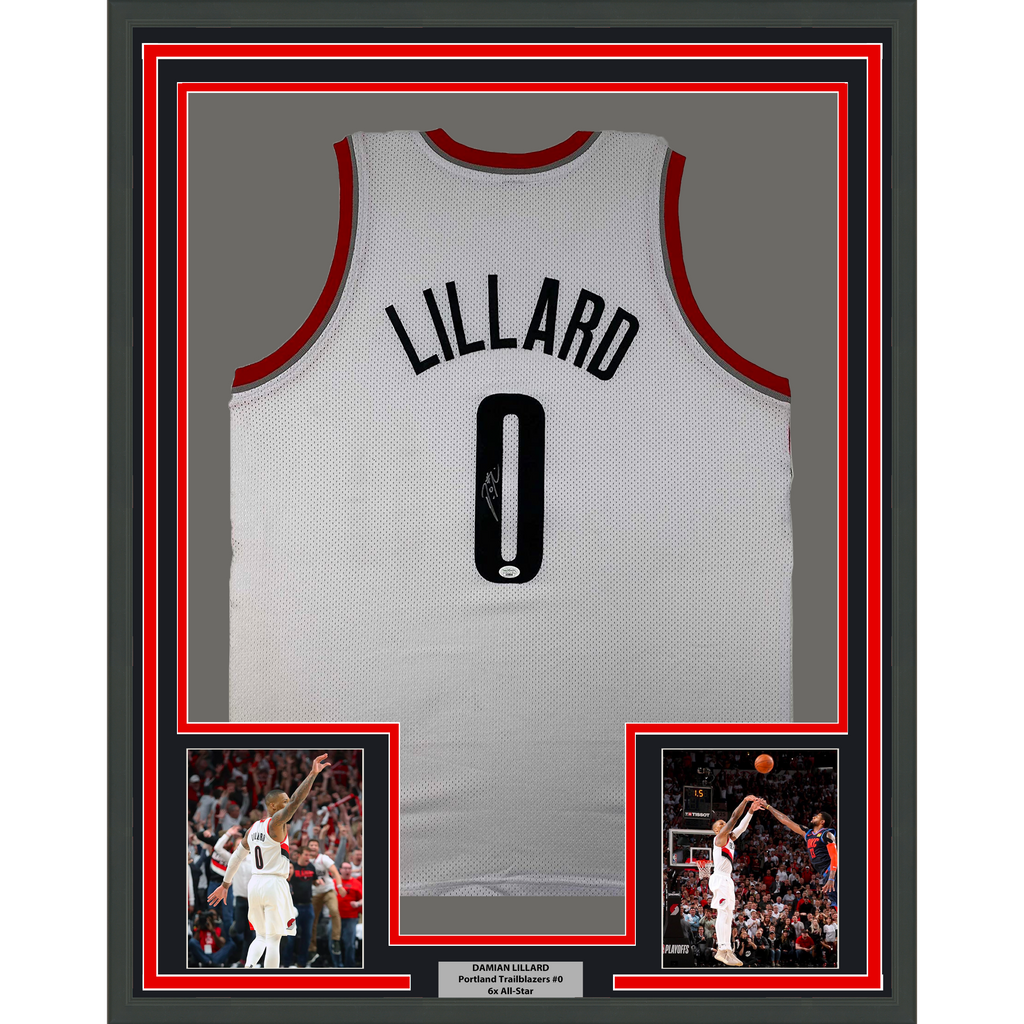 Framed Autographed/Signed Damian Lillard 35x39 Portland White Basketball Jersey JSA COA