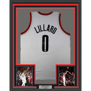 Framed Autographed/Signed Damian Lillard 35x39 Portland White Basketball Jersey JSA COA