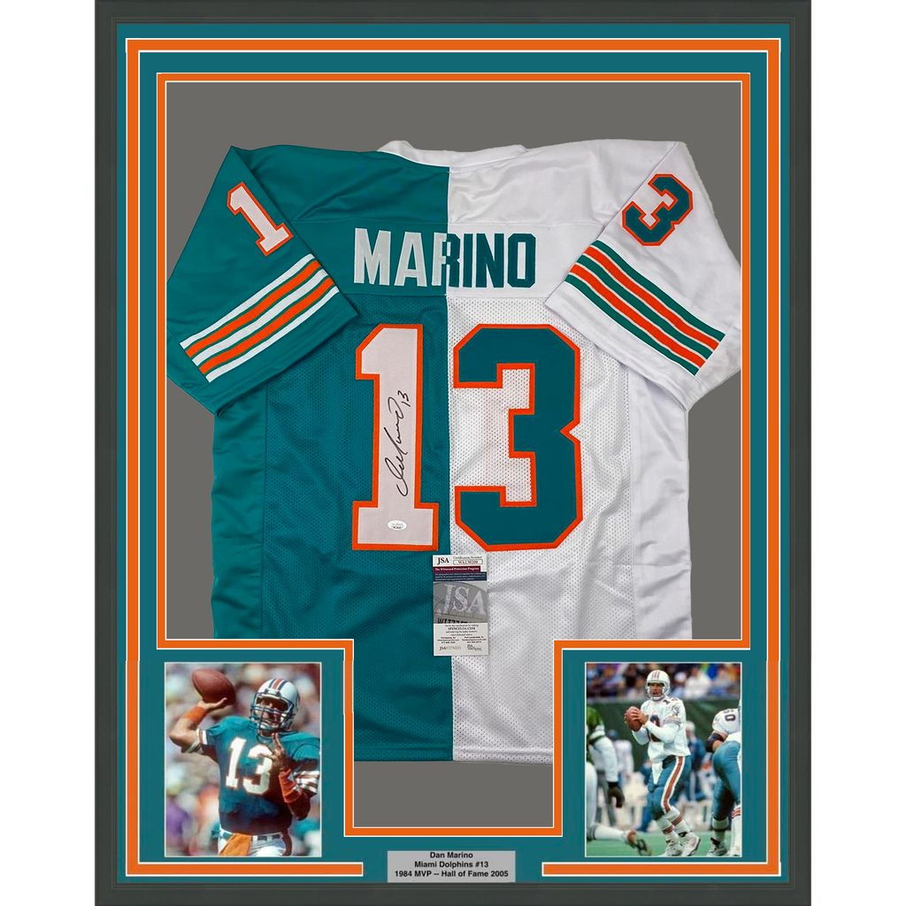 Framed Autographed/Signed Dan Marino 35x39 Miami Split Teal/White Football Jersey JSA COA