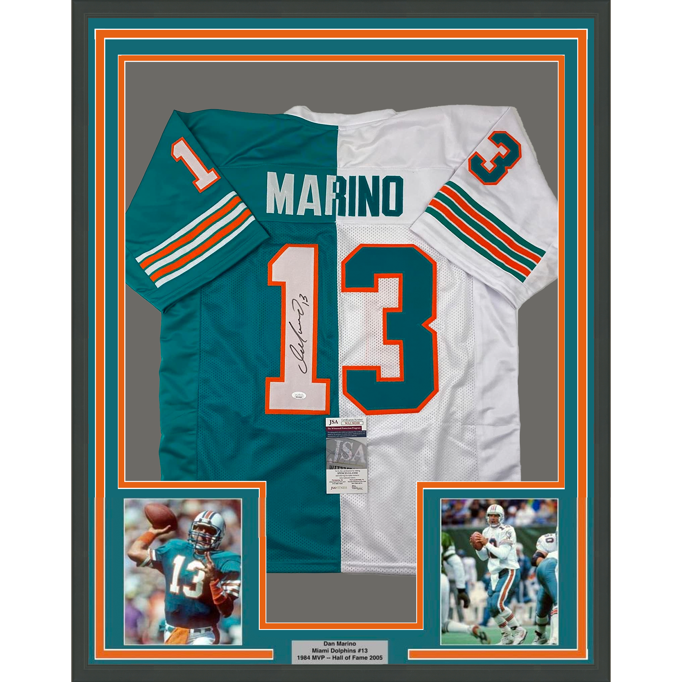 Framed Autographed/Signed Dan Marino 35x39 Miami Split Teal/White Football Jersey JSA COA
