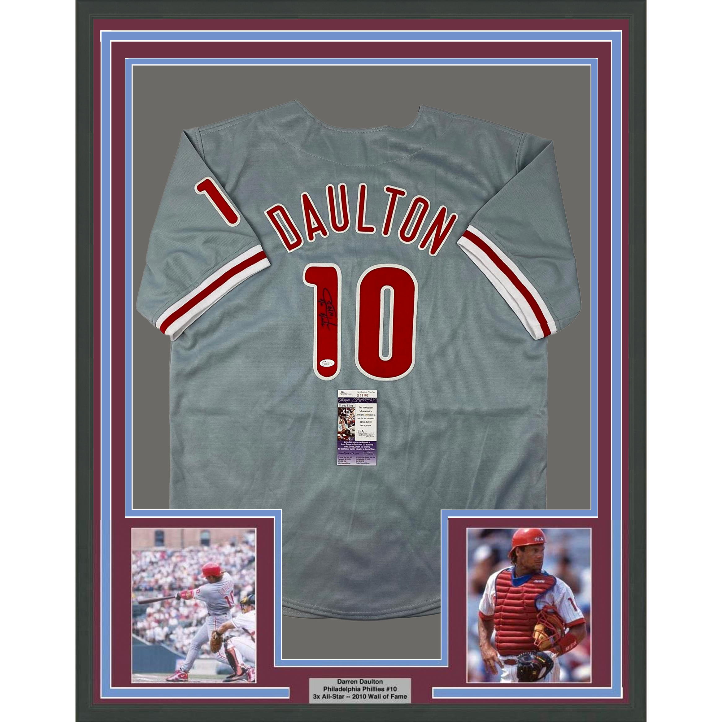 Framed Autographed/Signed Darren Daulton 35x39 Philadelphia Grey Baseball Jersey JSA COA