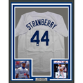 Framed Autographed/Signed Darryl Strawberry 35x39 Los Angeles LA White Baseball Jersey JSA COA