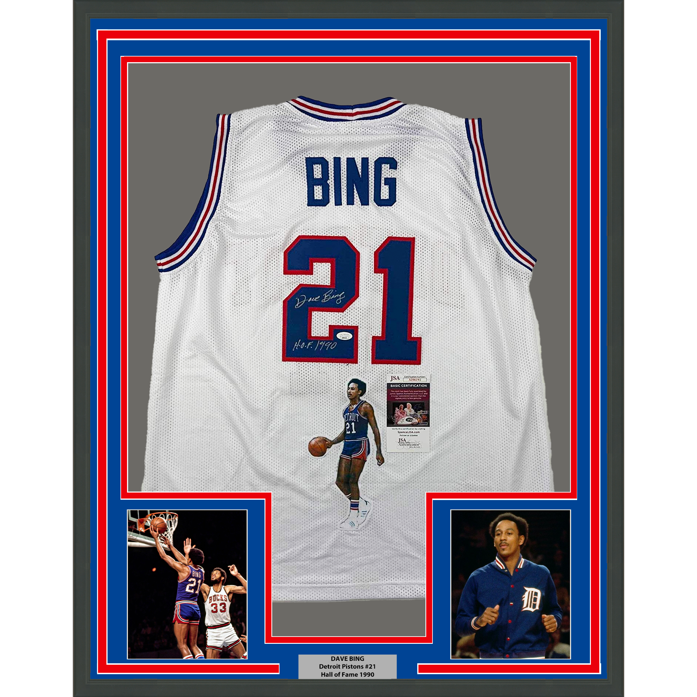 Framed Autographed/Signed Dave Bing 35x39 HOF 1990 Artwork Detroit White Basketball Jersey JSA COA