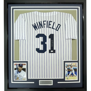Framed Autographed/Signed Dave Winfield 35x39 New York Pinstripe Baseball Jersey JSA COA