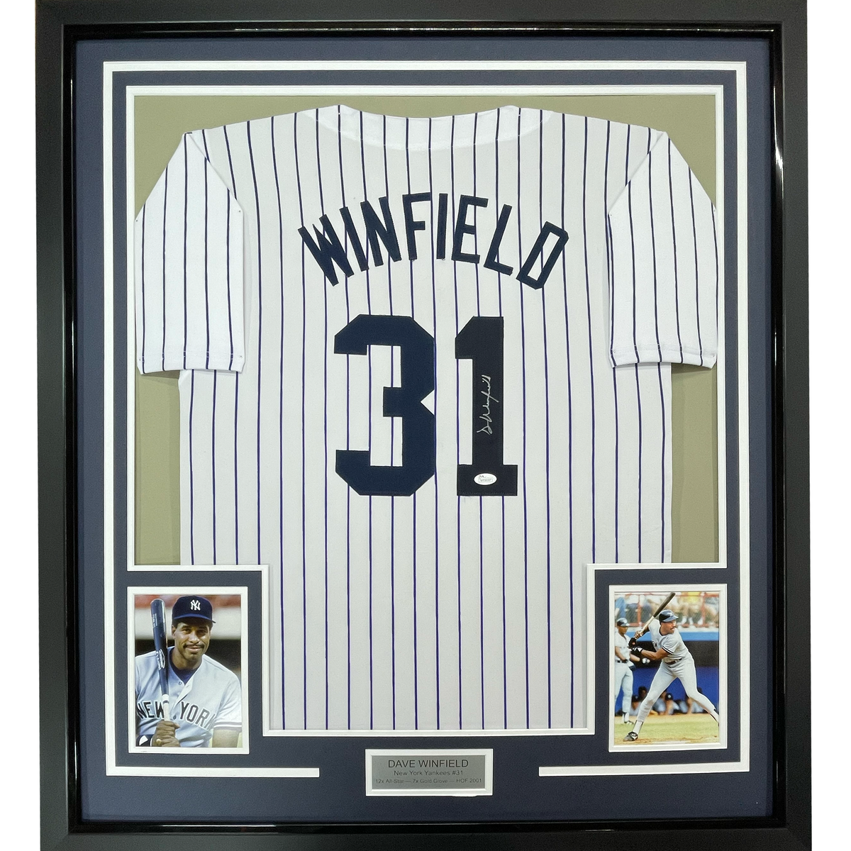 Framed Autographed/Signed Dave Winfield 35x39 New York Pinstripe Baseball Jersey JSA COA