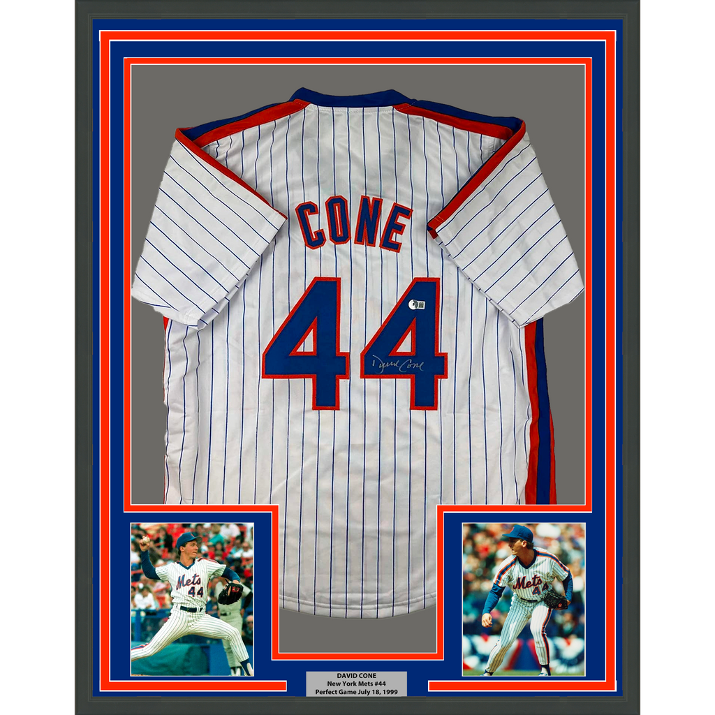 Framed Autographed/Signed David Cone 35x39 New York Pinstripe Baseball Jersey Beckett BAS COA