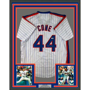 Framed Autographed/Signed David Cone 35x39 New York Pinstripe Baseball Jersey Beckett BAS COA