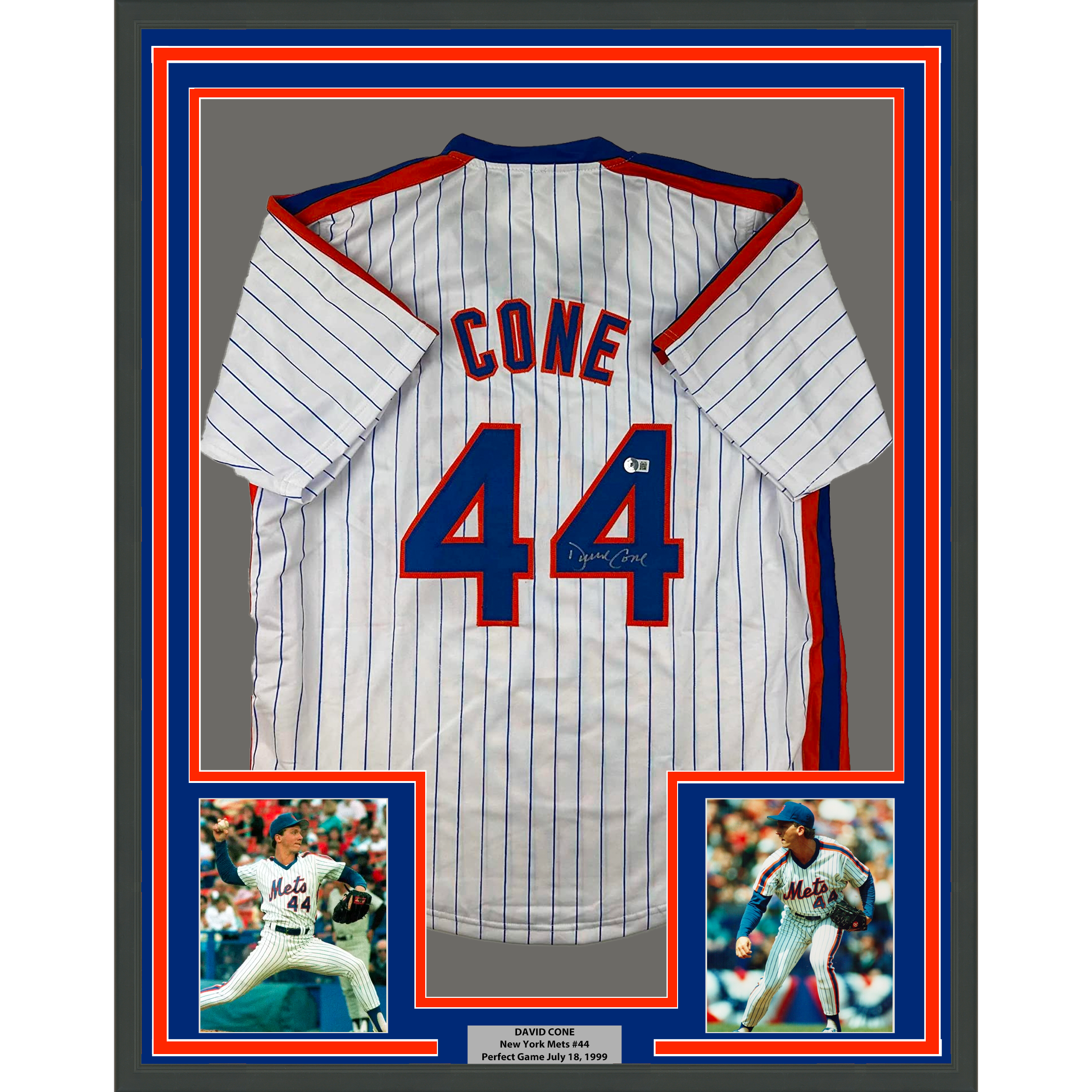 Framed Autographed/Signed David Cone 35x39 New York Pinstripe Baseball Jersey Beckett BAS COA