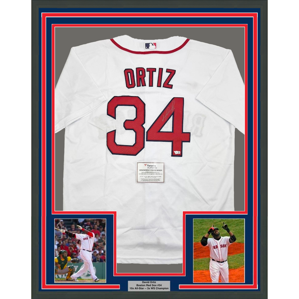 Framed Autographed/Signed David Ortiz 35x39 Boston Red Sox White Baseball Jersey Fanatics COA