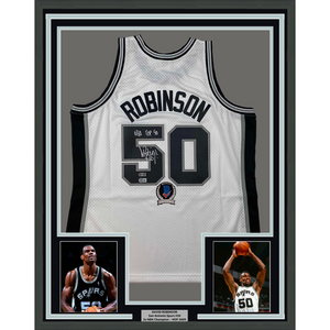 Framed Autographed/Signed David Robinson 35x39 NBA Top 50 San Antonio Spurs White Authentic M&N Basketball Jersey Beckett BAS COA