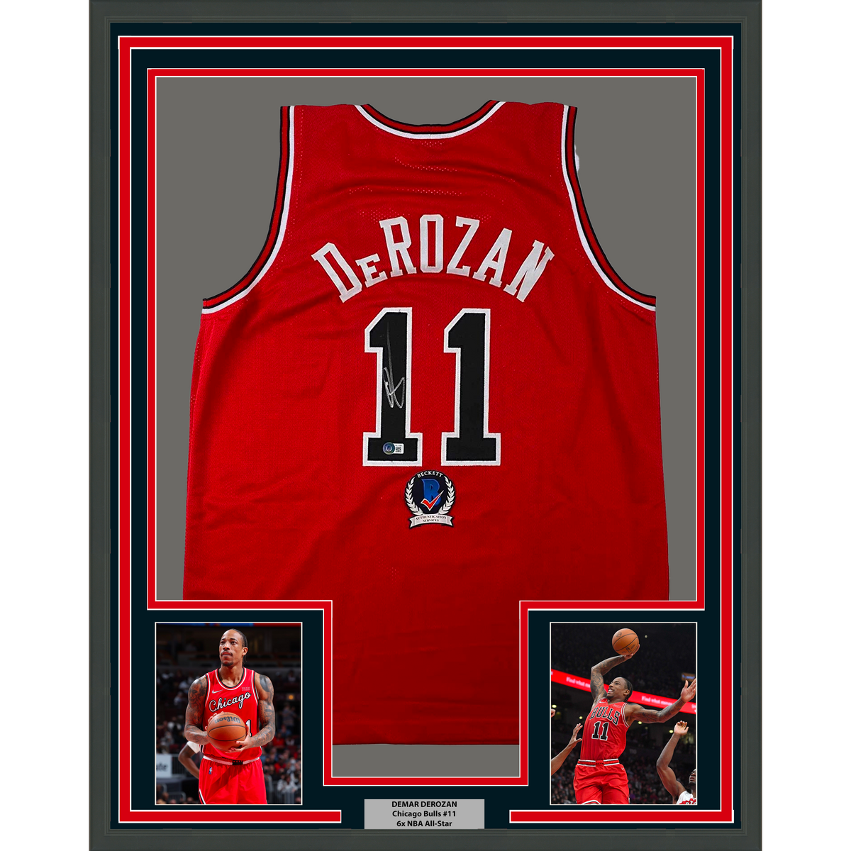 Framed Autographed/Signed DeMar DeRozan 35x39 Chicago Red Basketball Jersey Beckett BAS COA