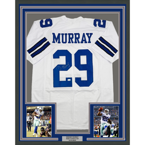 Framed Autographed/Signed DeMarco Murray 35x39 Dallas White Football Jersey JSA COA