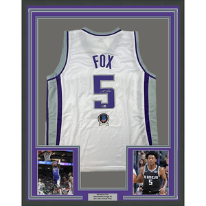Framed Autographed/Signed De'Aaron Fox 35x39 Sacramento White Basketball Jersey BAS COA