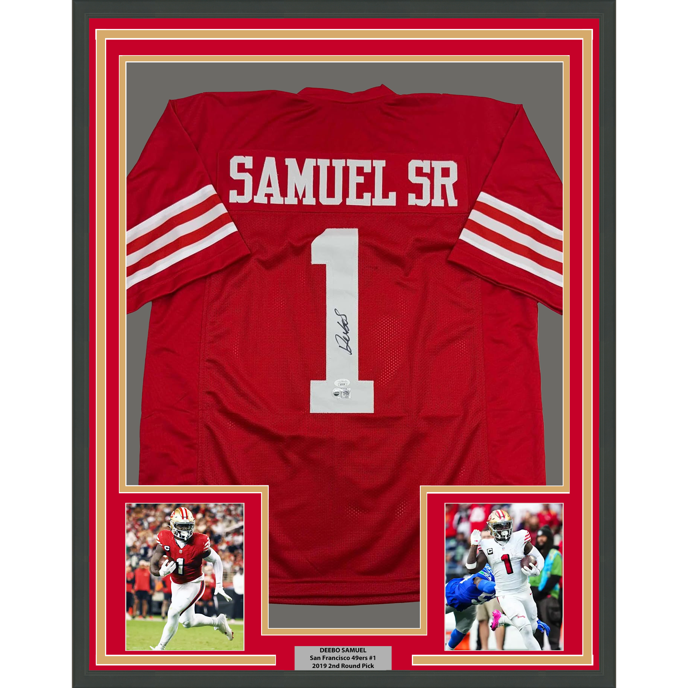 Framed Autographed/Signed Deebo Samuel 35x39 San Francisco Red Football Jersey JSA COA