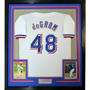 Framed Autographed/Signed Jacob DeGrom 35x39 Texas White Baseball Jersey JSA COA