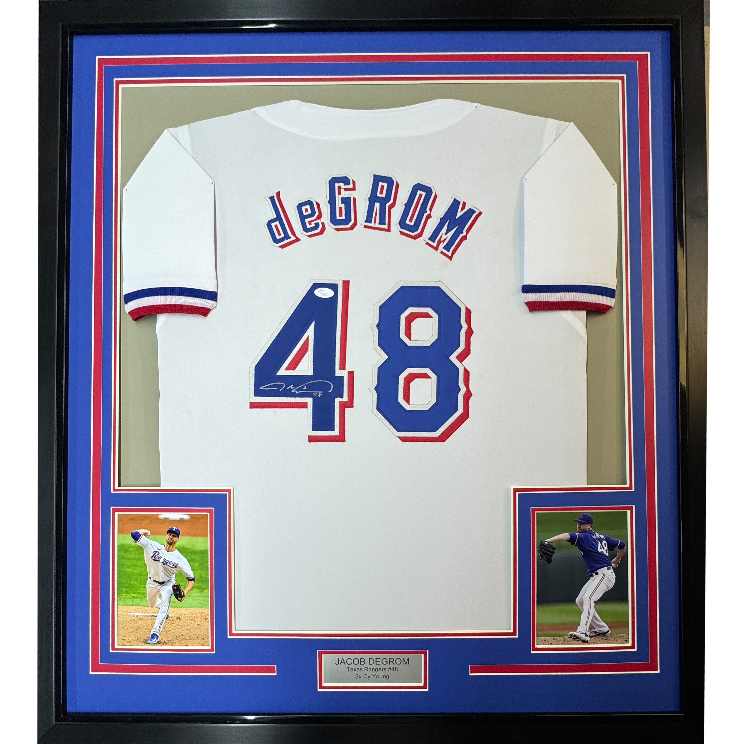 Framed Autographed/Signed Jacob DeGrom 35x39 Texas White Baseball Jersey JSA COA