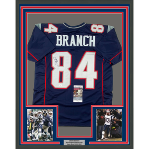 Framed Autographed/Signed Deion Branch 35x39 New England Blue Football Jersey JSA COA