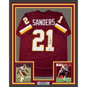 Framed Autographed/Signed Deion Sanders 35x39 Washington Burgundy Football Jersey Beckett BAS COA